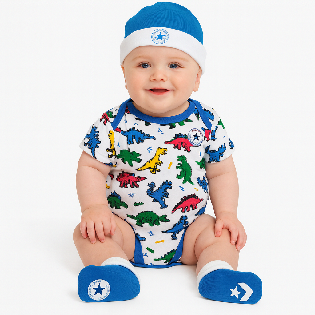 Converse converse aop bodysuit, bib, bootie 3pc set 6-12m